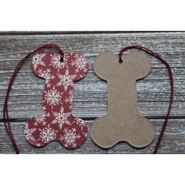 10 Dog Bone Shaped Tags Red with SNOWFLAKE..paper+chipboard tags pre-strung