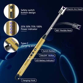 YOZWOO Rechargeable USB C Lighter - Windproof Flameless Plasma Arc Lighter with 360 Flexible Neck and LED Battery Display for Candle, Fireworks, Cooking (Gold)