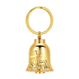 Cremation Jewelry Bell Urn Necklace for Ashes for Men Stainless Steel Cross with Motorcycle Urn Keychain Ashes Holder Memorial Jewelry (A-Gold)