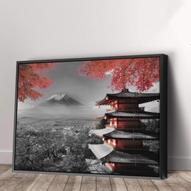 Japanese Temple in Autumn Black White Red Canvas Art Wall Art Home Decor (12in x 8in Modern Black Framed)