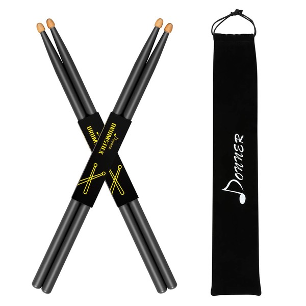 Donner Drum Sticks, 5A Drumsticks Classic Maple Wood Black Drumsticks With Storage Bag, 2 Pairs
