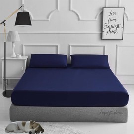 EXQUIZIT HOME Fitted Bed Sheet With Matching FREE 2 X PILLOW CASE Plain Dyed Poly Cotton Percale Easy Care Bed Sheet Navy King