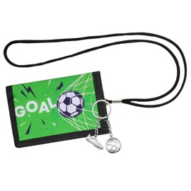 Children's Football Motif Neck Pouch, Coin Bag with Football Keyring Lanyard, Satch Wallet for Boys and Girls, Mini Wallet with Viewing Window, Note Compartment and Coin Compartment, Green, Modern