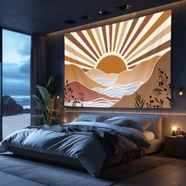 Boziqr Boho Tapestry Wall Hanging for Bedroom Aesthetic, Cute 70s Abstract Sun Mountain Tapestries for Living Room, Retro Wall Tapestry for Dorm Room Classroom Decor 80x60 Inch