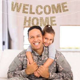Pre-strung Welcome Home Banner - No DIY - Gold Glitter Welcome Home Banner - Pre-strung on 8 ft Strand - Housewarming, Homecoming, & Military Return Party Decorations & Decor. Did We Mention No DIY