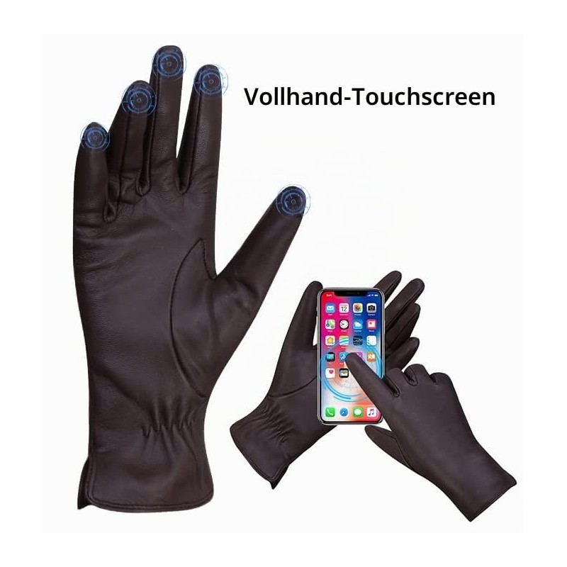 MGGMOKAY Women's Leather Gloves Touchscreen Cashmere Lined, Brown, L