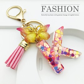 JINGUAZI Initial letter Keychains for Women Tassel Butterfly Pink Purple Cute Car Keychain for Wallet Backpack bag charm, K-pink, Keychains