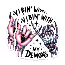 (2 Pack) Vibin with My Demons Stickers - Skeleton Hand Stickers - Pastel Goth Stickers - 5" On Longest Side - Sticks to Smooth Flat Surfaces - Made in USA - BMCS11298