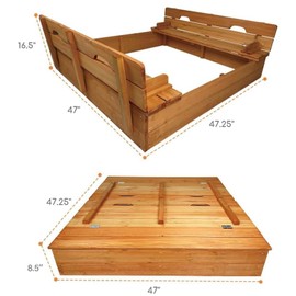 Beipoo Kids Wooden Sandbox with Cover, Large Wood Sandbox with 2 Foldable Bench Seats, Outdoor Kid Sand Pit for Backyard, Bottom Liner Included