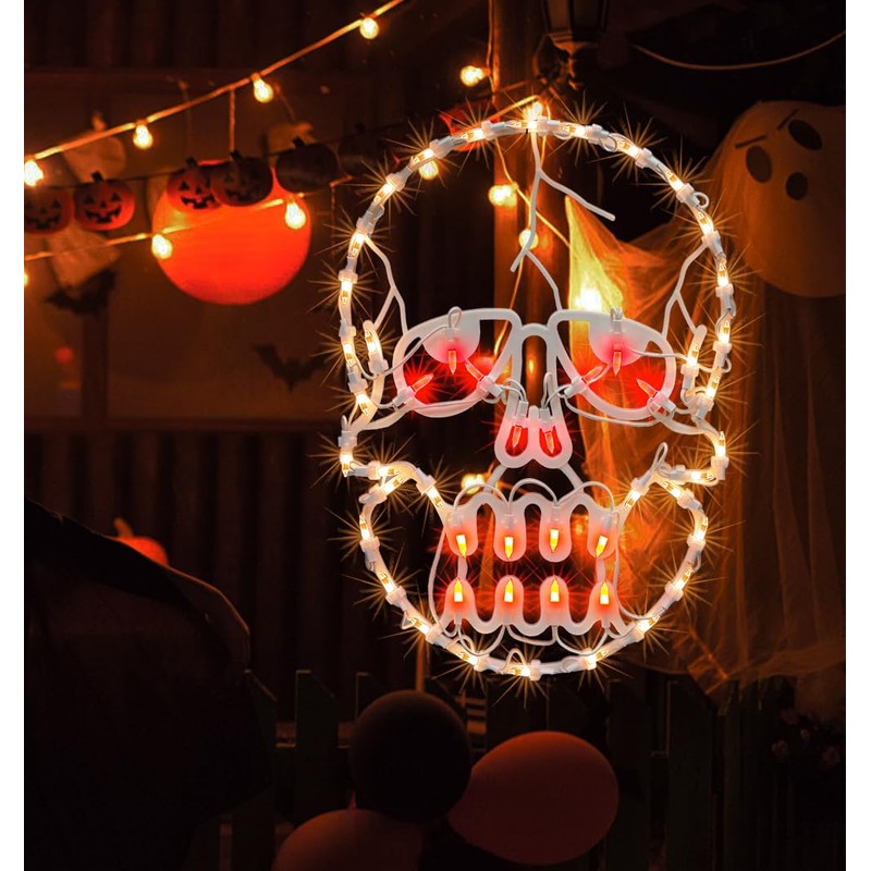TWINGLEHOME 13.3" Lighted Skull Halloween Window Silhouette, 50 Mini Lights