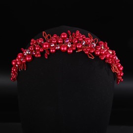 Teyglen Bridal Pearl Headband Vintage Red Beads Wedding Headband Tiara Handmade Bridal Headpiece Hair Accessories for Women Wedding Birthday Party (Red)