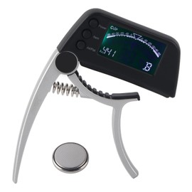 Guitar Capo Tuner 2 in 1 Guitar Tuner Clip with Large and Clear LCD Screen Zinc Alloy and ABS for Acoustic Electric Classical Ukuleles(Silver)