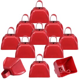 Therwen 12 Pack Metal Cow Bells Noise Makers with Handle 3 Inch Hand Percussion Cowbells Bulk Loud Call Bell for Sporting Events Cheering Football Games Team Spirit Weddings Party Noisemakers (Red)