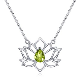 Gnteey Natural Peridot Necklace 925 Sterling Silver 7X5 mm Pear Cut Peridot Lotus Pendant Necklace for Women