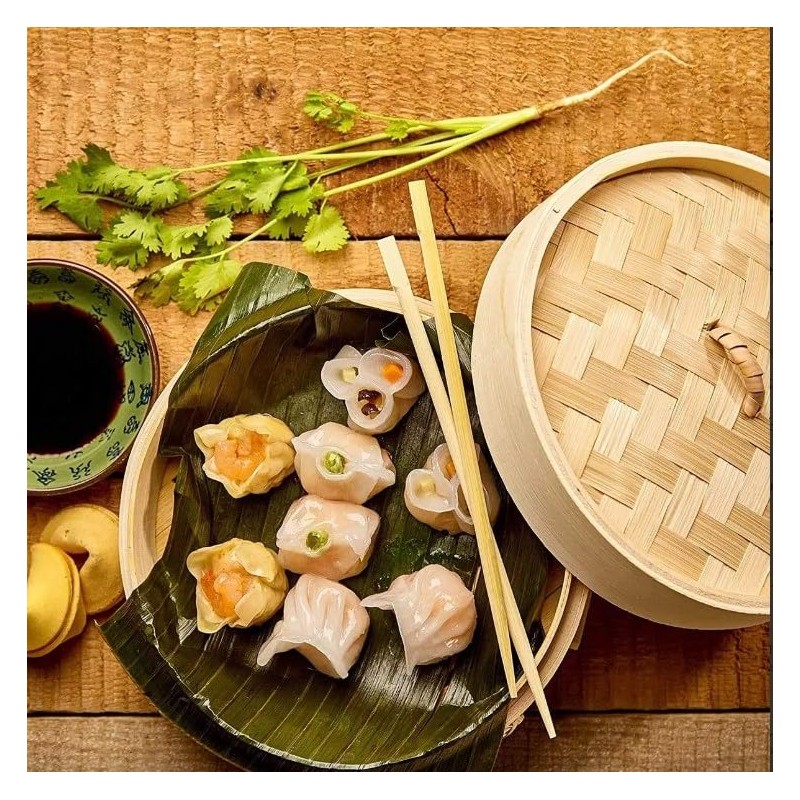 Vaporera Tradicional China de Bambú, 2 Niveles, Tejida a Mano,