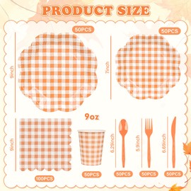400 Pcs Fall Gingham Party Supplies for 50 Guests Orange and White Scalloped Paper Plates Napkin Cup & Cutlery Disposable Checkered Dinner Party Set for Thanksgiving, Halloween, Fall Wedding, Birthday