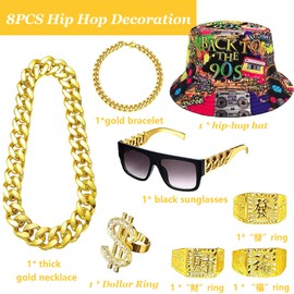 DONGZQAN 8 Stück Zuhälter Rapper Kostüm Goldkette Fasching, 90er Jahre Outfit Herren, Gangster Kostüm Herren, Lustige Hüte/Große Goldene Kette/Dollar Ring/Goldenes Armband für Karneval Fasching Mottoparty