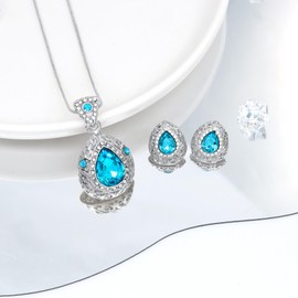 AILUOR Water Drop Crystal Jewellery Set, Vintage Celtic Knot Water Drops Green Gemstone Pendant Necklace Stud Earrings Jewellery Set for Women Mother Bride Wedding, Zinc, No Gemstone