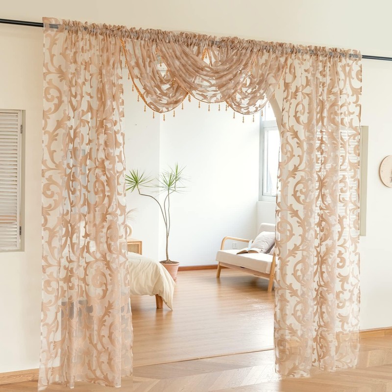 Elegant Beige Sheer Curtains, Light Filtering Voile Drapes, Rod Pocket