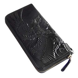 EVERSOUL Long Wallet, Phoenix Embossed Wallet, Genuine Leather, Cowhide Leather, Zip Around, Black