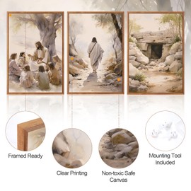 Aurlan Jesus Teaching Children Jesus on Path Framed Empty Tomb Bible Stories Wall Art(16"x24"), 3PCS Boho Christian Easter Scripture Gifts Canvas Artwork, Large Spiritual Religious Faith Decor Prints for Office Home
