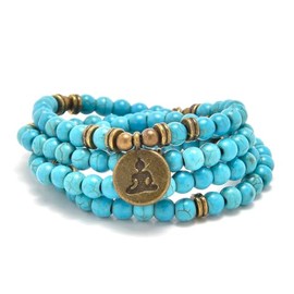 108 Mala Beads Bracelet Necklace with Yoga Symbol Buddha Charm – Gold-Plated Meditation Jewelry, Healing Stone, Ideal Spiritual Gift for Yoga & Meditation (Green Turquoise)