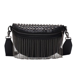 GLT.ETL Fanny pack Chest Bag For women Faux leather Fringe Quilted Waist Bum Cross body Bags Rivet studded Tassel Purses (Black)