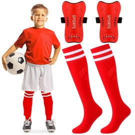 Syhood Soccer Shin Guards and Socks for Toddler Kids Youth, Lightweight Soccer Shin Pads Protective Defender Gear for 3-5, 5-10, 10-15 Years Old Children Teen Boys Girls Sports Game(M Size,Red)