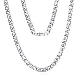 FOSIR 7mm Stainless Steel Flat Cuban link Chain for Men Silver Curb Necklace,18-30inches