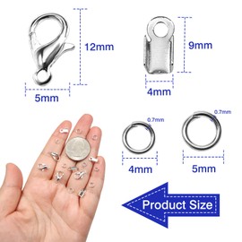 TOAOB 550pcs Lobster Claw Clasps with Cord Ends and Jump Rings Silver Tone Jewellery Connector for DIY Crafts Bracelet Necklaces Making