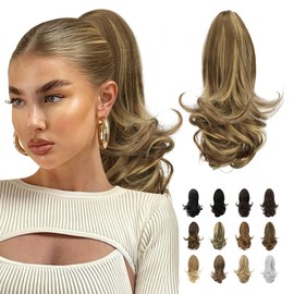 Sofeiyan 13" Ponytail Extension Long Curly Ponytail Clip in Claw Hair Extension Natural Synthetic Hairpiece for Women, Ash Brown Highlighted Bleach Blonde