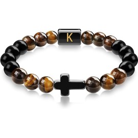 SOOWOOT Tigers Eye Bracelet Natural Stone Beads, mens bracelet, Cross Bracelet for Men, Initial Bracelet, Christian Gifts for Men(K)