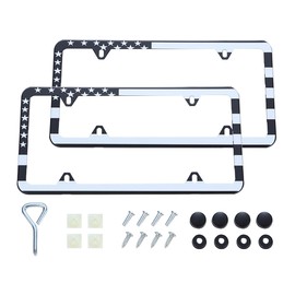 AUCELI 2PCS American Flag Car License Plate Frame, 4 Holes USA Patriotic Auto Tags Holder License Plate Covers, Aluminum Bracket with Screw, Novelty Gift for Law Enforcement, Universal Fit（White）