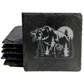 Bear Forest & Moon Slate Coasters Set of 4 - Rustic Gray, Laser Etched Design - Perfect Gift for Holidays, Birthdays, Housewarming - She-Shed or Man Cave Essential by Oregon Small Business
