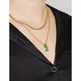 LETTARIUS Layering Necklace for Women Gold Curb Figaro Chain Choker Layered Collar Necklace with Dainty Green Square Pendant Stainless Steel Jewelry