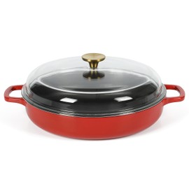 Sur La Table Kithcen Essential 3.75 Quart Enamel Cast Iron All In One Multi-Purpose Non-Toxic Nonstick Braiser Pan W/Borosilicate Glass Lid - Red
