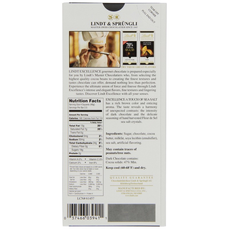 Lindt Excellence A Touch of Sea Salt Dark Chocolate Bar,