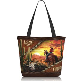 TREKTOTS Western Tote Bag for Women, Cactus & Horse Riding Cowgirl Design, Reusable Grocery Bag with Zipper, Wild West Rodeo Festival Gift
