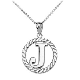 Sideways Crosses High Polish 925 Sterling Silver Roped Circle J Initial Pendant Necklace, 16"