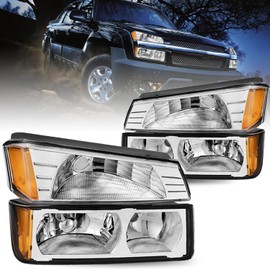 SOCKIR 4PCS Headlight Assembly Compatible with 2002-2006 Chevy Avalanche Body Cladding Model Headlights+Bumper Lights Set Chrome Housing & Amber Reflector