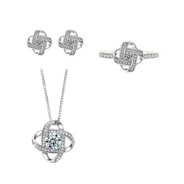 FFWTPY Four-Leaf Clover Jewelry Set for Women Crystal Necklace Stud Earrings Ring Set Plated Platinum Cubic Zirconia Rhinestone Jewelry for Girls Valentine's Day Christmas with Gift Box