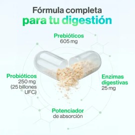 Amarte Labs Probióticos + Enzimas Digestivas | Digestión, Flora Intestinal y Absorción | 25 Billones UFC + Prebiótico | Cápsula Entérica | 60 Cápsulas