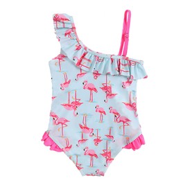HILEELANG Baby Girls' One-Piece Swimsuit Light Blue Flamingo Ruffles Design Swimwear