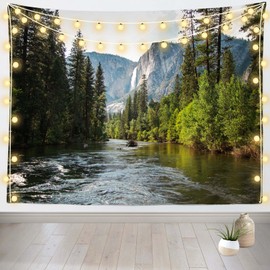 Loccor Mountain River Tapestry Valley National Park Forest Trees Natural River Stone Wall Hanging for Outdoor Camping Party Decor Home Wall Decor 70''x47''