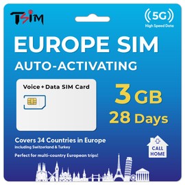 SIM Card for Europe Travel 28Days Holiday with CallHome & Hotspot Tethering. Unlimited Local Calls + 15 Minutes to USA. Auto-Activating. 5G Enabled. Roam in 34 Countries incl Switzerland, Turkey