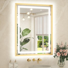 TETOTE 28 x 36 Bathroom LED Mirror Brushed Gold Metal Frame Frontlit & Backlit Vanity Mirror Anti-Fog Stepless Dimmable 3 Colors White/Warm/Natural Mirror with Lights Wall-Mounted