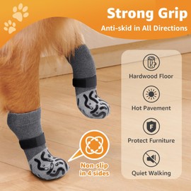2 Pairs Anti Slip Dog Socks Paws Stop Licking, Paw Protectors Socks with Grips Strong Traction, Adjustable Boots Dog Shoes for Senior Dogs Hardwood Floors Indoor Outdoor Walking(Grey)