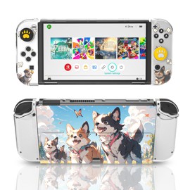 Switch OLED Protective Case, Switch OLED Dog Accessories, Cute Switch OLED Hard Shell Cover Case with Kickstand, Include 1 Switch OLED Screen Protector and 2 Switch Button Covers
