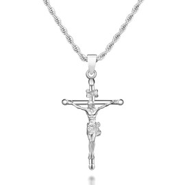 NORBU 925 Sterling Silver Crucifix Necklace for Men/Women, Cross Pendant Necklace with Rope Chain, 20 inch, Jewelry Box Included