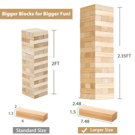 ApudArmis Giant Tumble Tower Stack to Over 5Ft, 56 PCS Pine Wooden Stacking Timber Game with 1 Dice Set - Classic Block Giant Outdoor Game (7.48 * 2.48 * 1.5In Each Block)